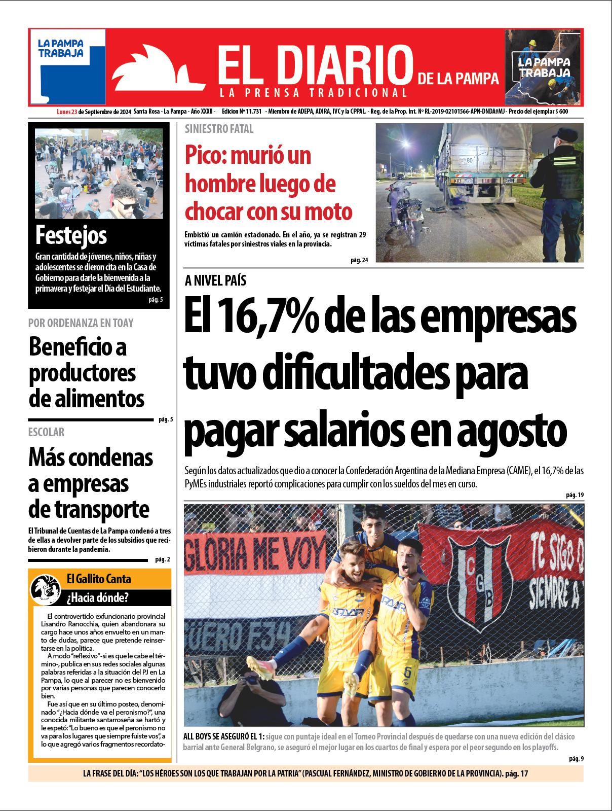 Tapa de El Diario en papel  lunes 23 de septiembre de 2024